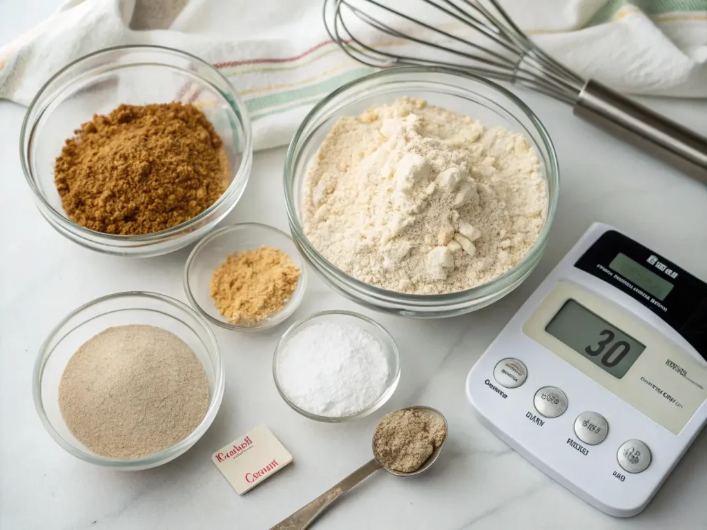 Complete gluten-free flour blend ingredients layout showing 40-40-20 formula with kitchen scale for accurate measuring