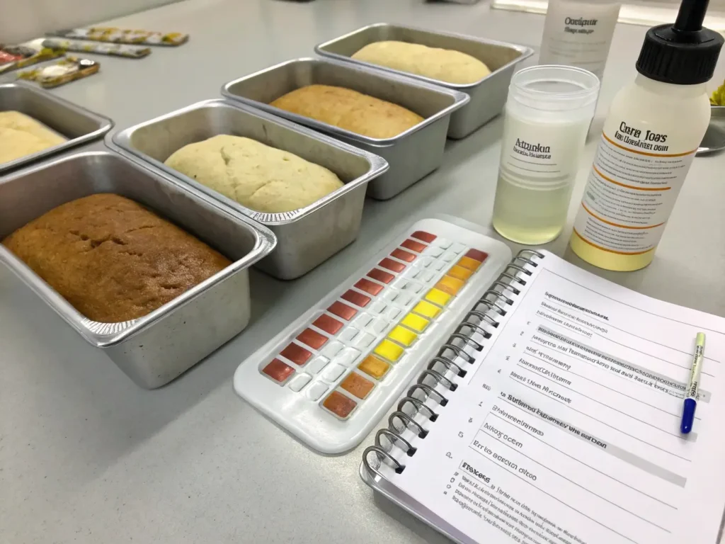 Kitchen bread science experiments showing multiple test loaves with different hydration ratios for learning gluten-free baking chemistry principles