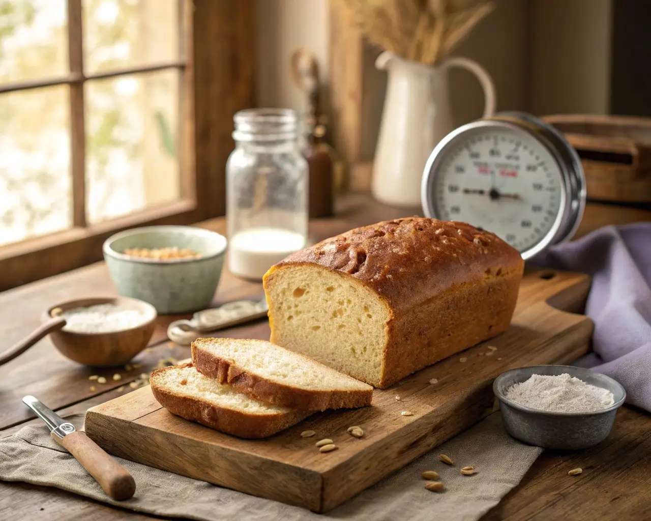 Perfect golden gluten-free dairy-free bread loaf with beautiful crumb structure showing successful results from understanding bread baking chemistry and science