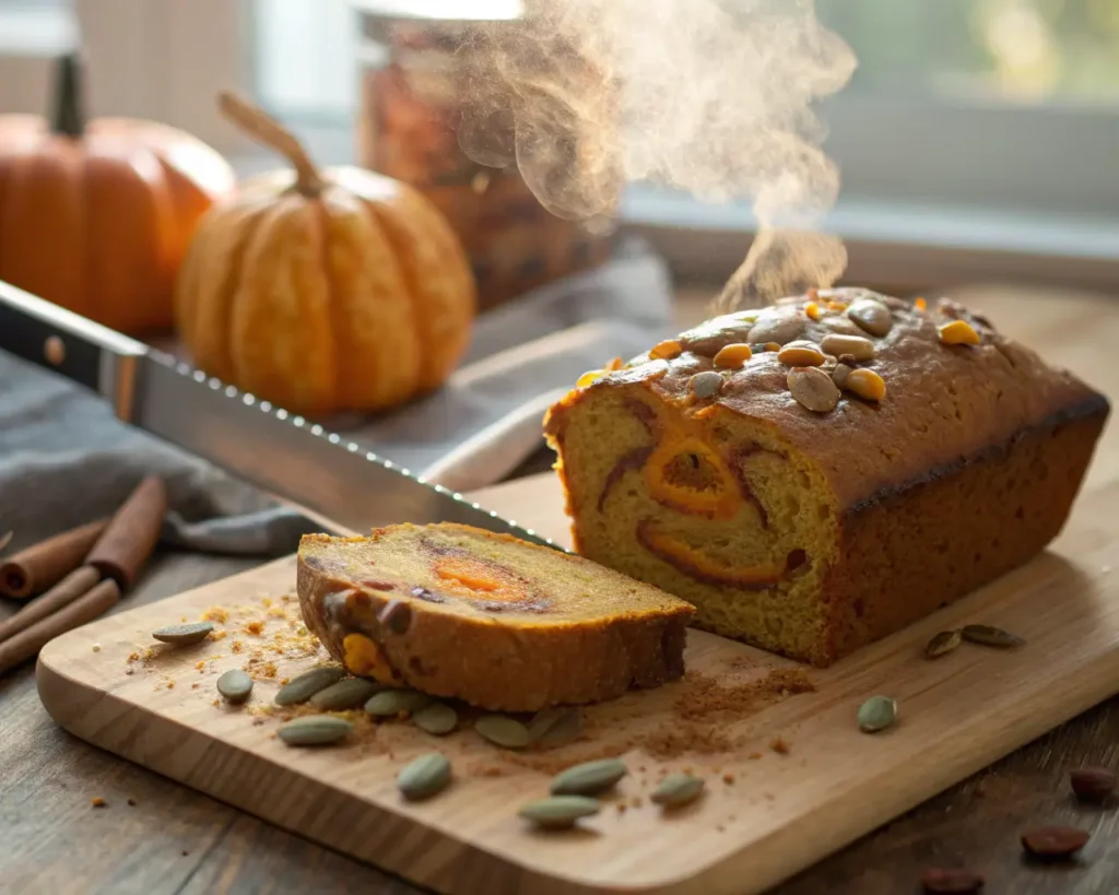Freshly sliced gluten-free Halloween bread showing tender orange-swirled interior crumb with steam rising on wooden cutting board