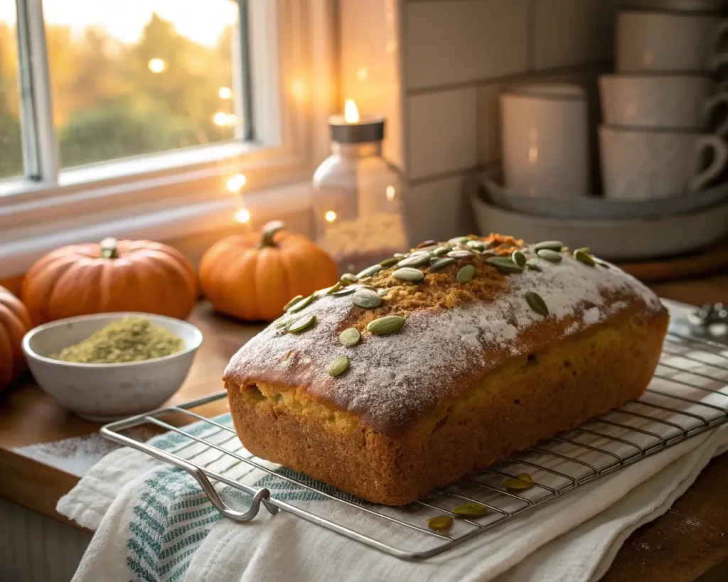 Beautiful golden-brown Halloween gluten-free bread cooling on wire rack with satisfied baker's hands testing doneness in warm evening light