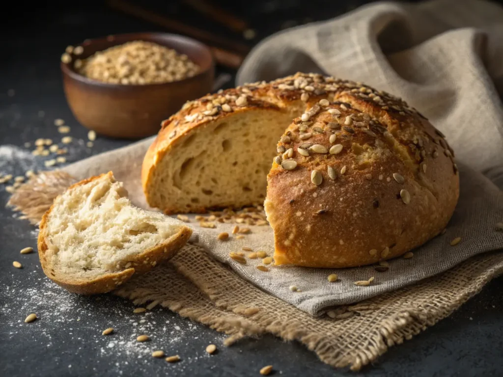 Rustic artisan gluten-free dairy-free bread with crusty exterior and perfect crumb structure topped with seeds