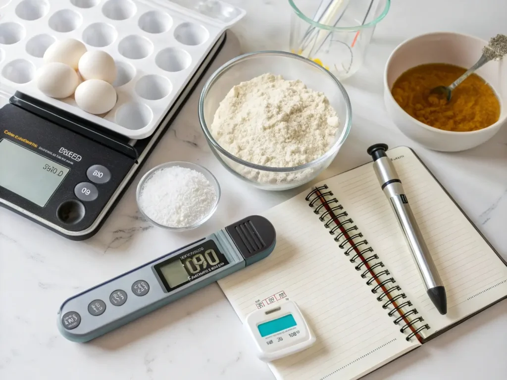 Scientific bread baking tools including digital scale, pH strips, thermometer and measuring tools for precision gluten-free dairy-free baking chemistry