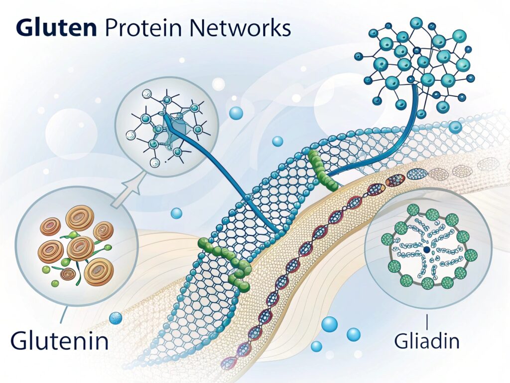 Scientific diagram illustrating gluten protein networks with glutenin and gliadin creating elastic structure for trapping gas bubbles in traditional wheat bread