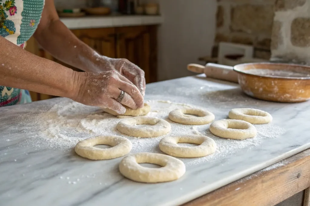 Hands shaping gluten-free bagel dough into rings with flour dusting on kitchen counter