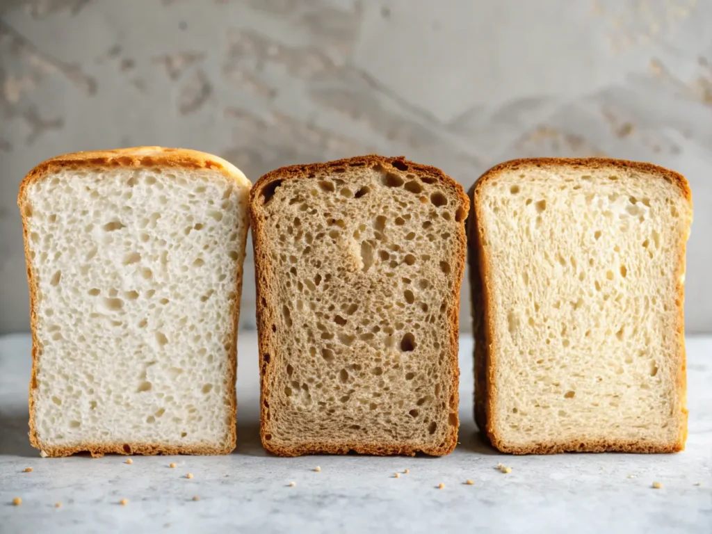 Cross-section comparison of gluten-free bread textures achieved using different dairy-free milk alternatives