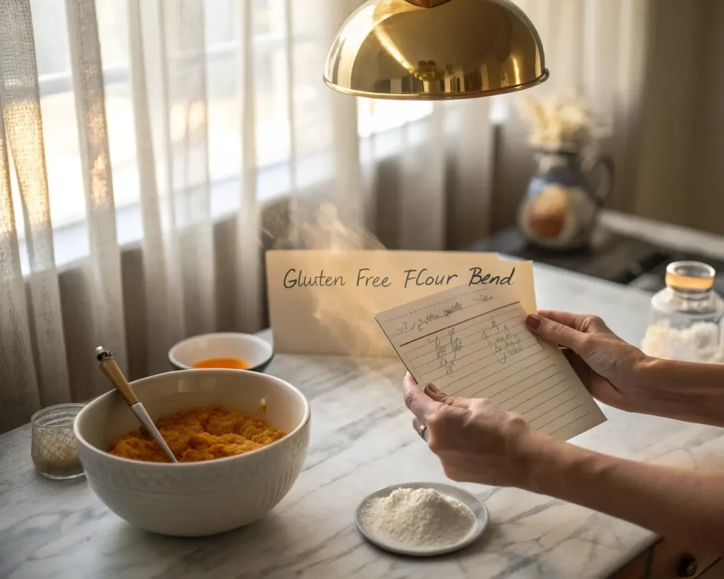 Peaceful baker holding handwritten recipe card with single gluten-free flour bag and organized baking tools on clean marble counter