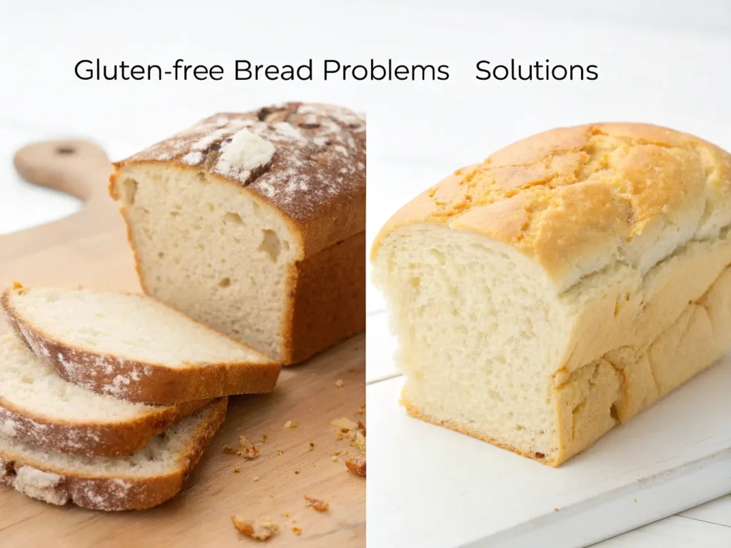Visual troubleshooting guide showing common gluten-free dairy-free bread problems and their solutions side by side