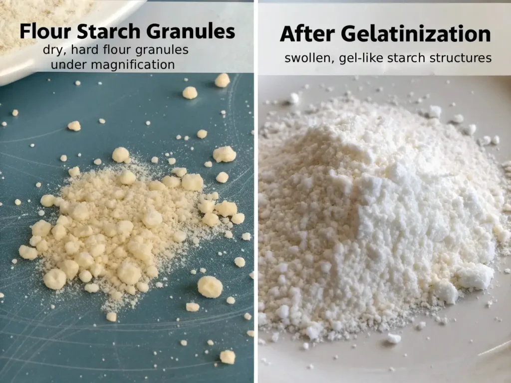 Microscopic view of starch granules before and after gelatinization showing transformation from hard pellets to soft gel structures in gluten-free bread