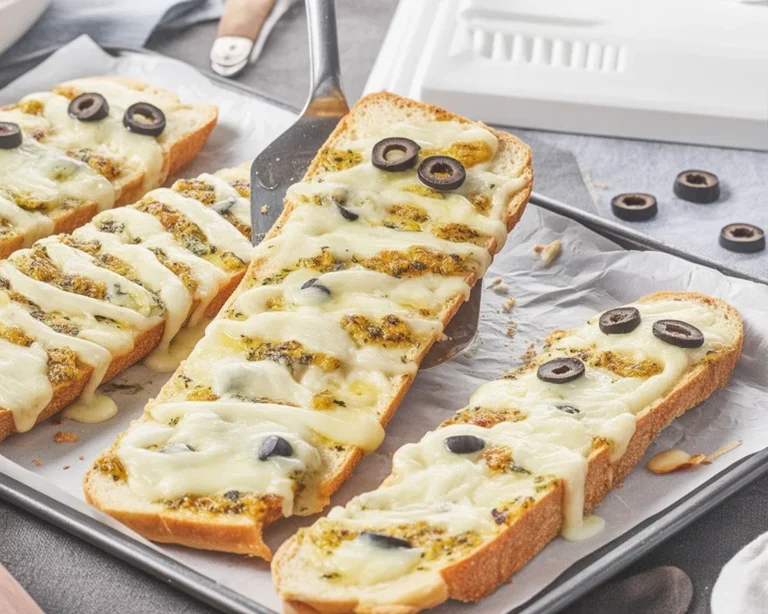 Delicious Halloween mummy garlic bread with cheese strips and olive eyes.