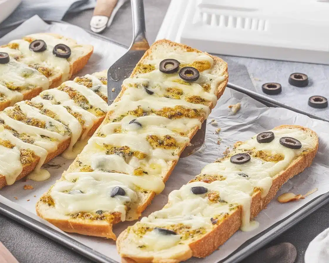 Delicious Halloween mummy garlic bread with cheese strips and olive eyes.