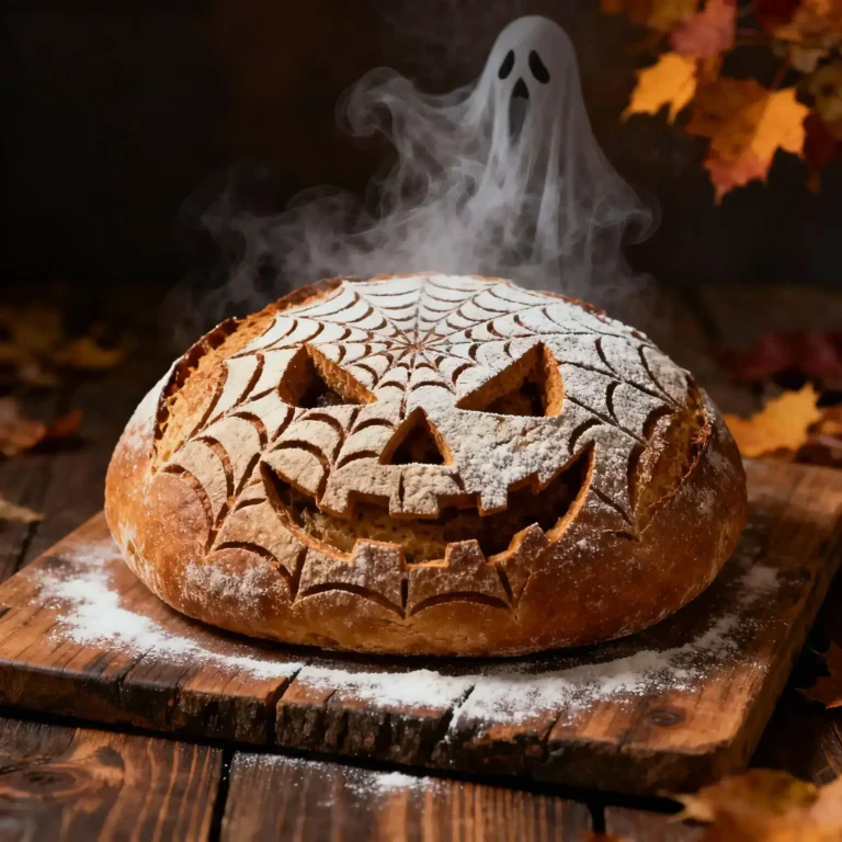 Spooky scored sourdough loaf with jack‑o‑lantern and spiderweb cuts on a floured board, moody fall lighting