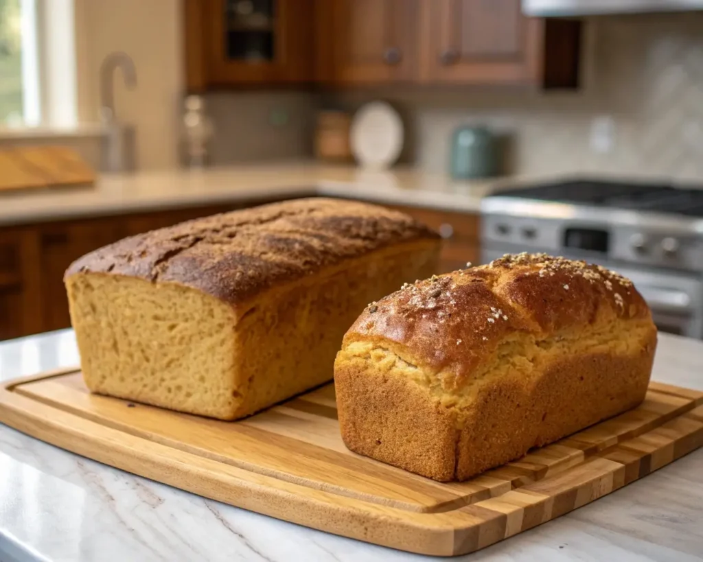 Before and after comparison showing dense failed gluten-free bread versus perfectly risen golden gluten-free dairy-free bread with proper crumb structure