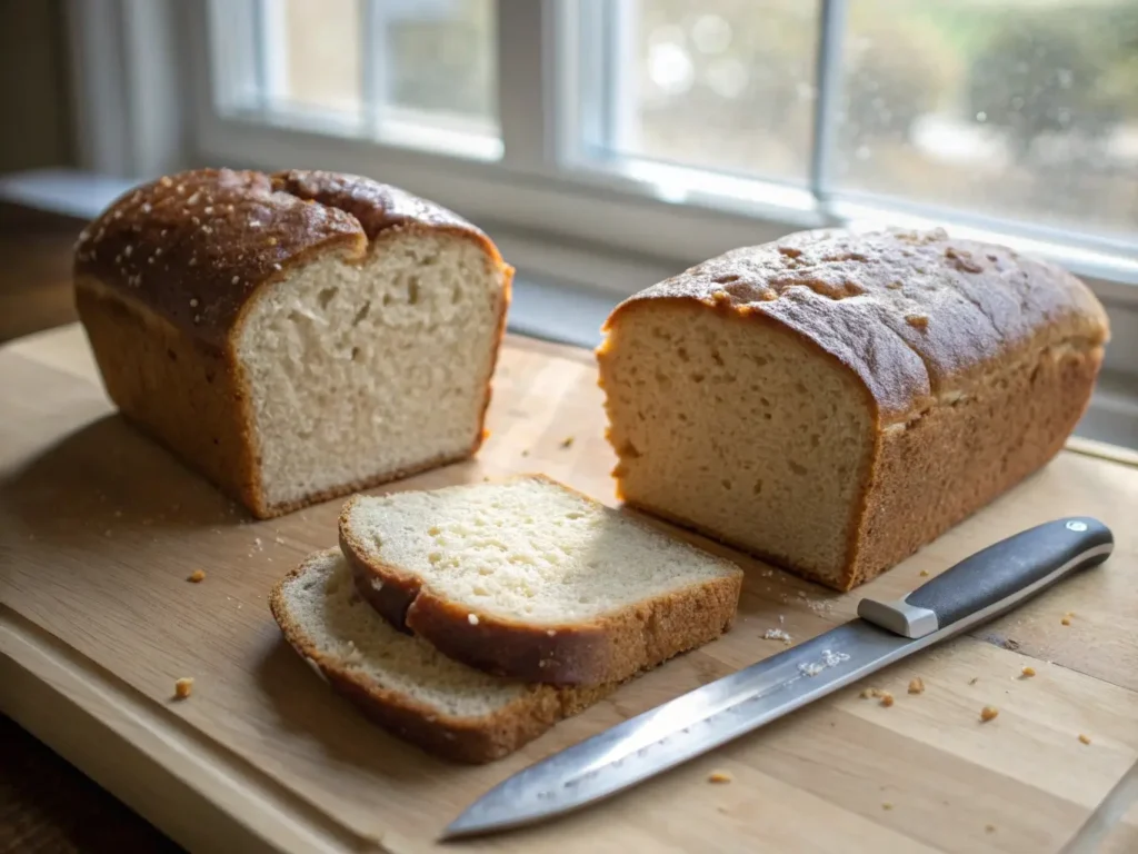Cross-section comparison showing gummy underbaked versus perfect gluten-free bread crumb structure and texture