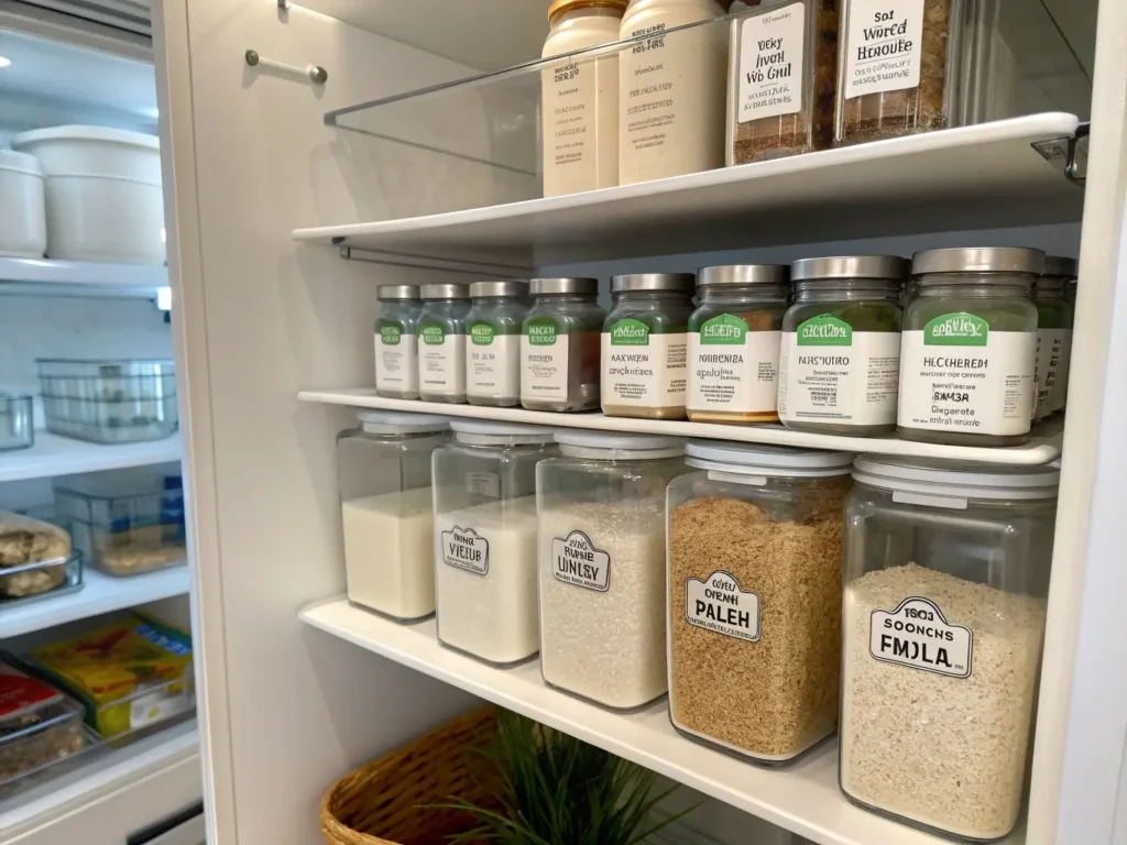 Proper storage setup for gluten-free flours in airtight containers and dairy-free milk alternatives for optimal freshness