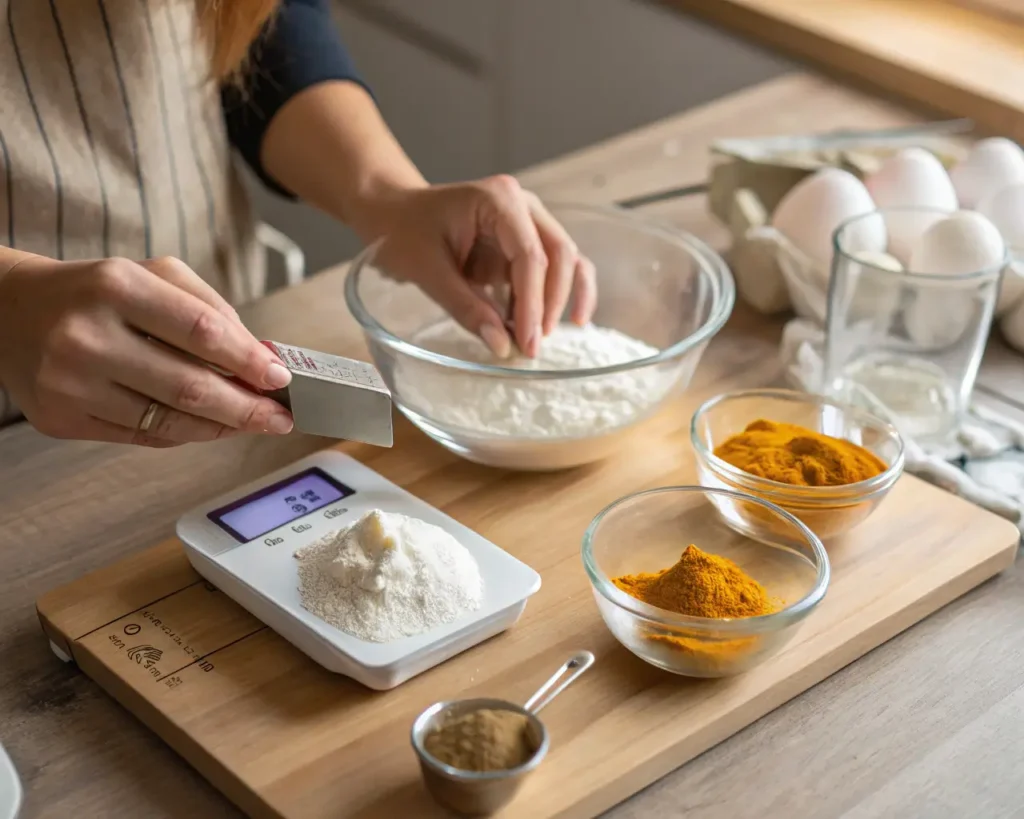 Close-up of woman's hands precisely measuring xanthan gum on digital scale with organized gluten-free baking ingredients including flour blend, eggs, and pumpkin puree on wooden cutting board