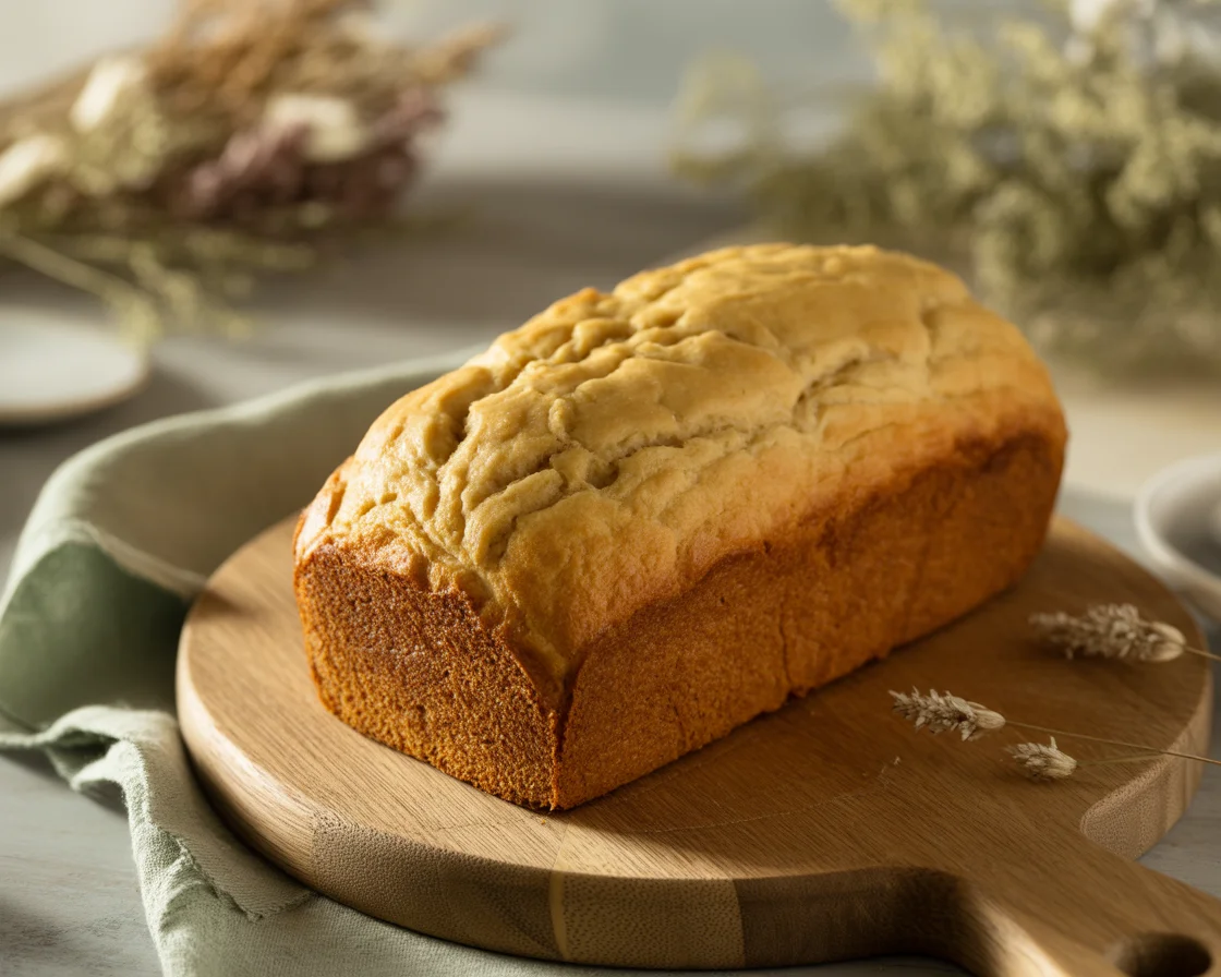 A golden high protein cottage cheese bread on rustic wooden table