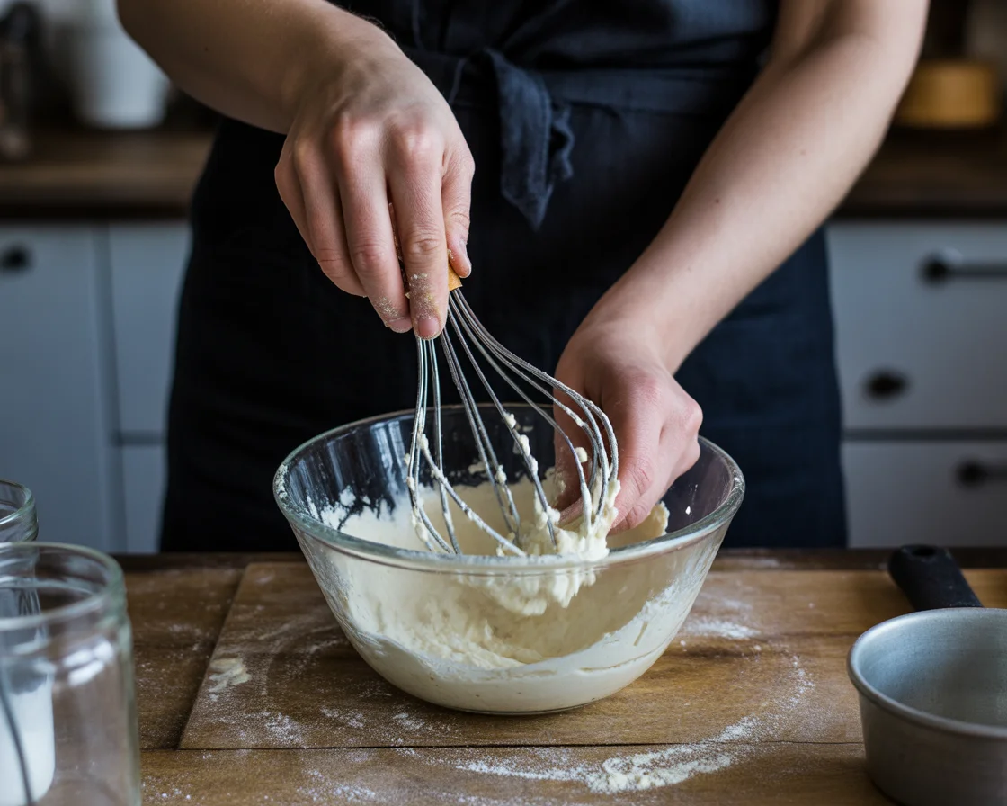 A hands mixing the ingredients of Cottage Cheese Protein Bread recipe on a glass bowl