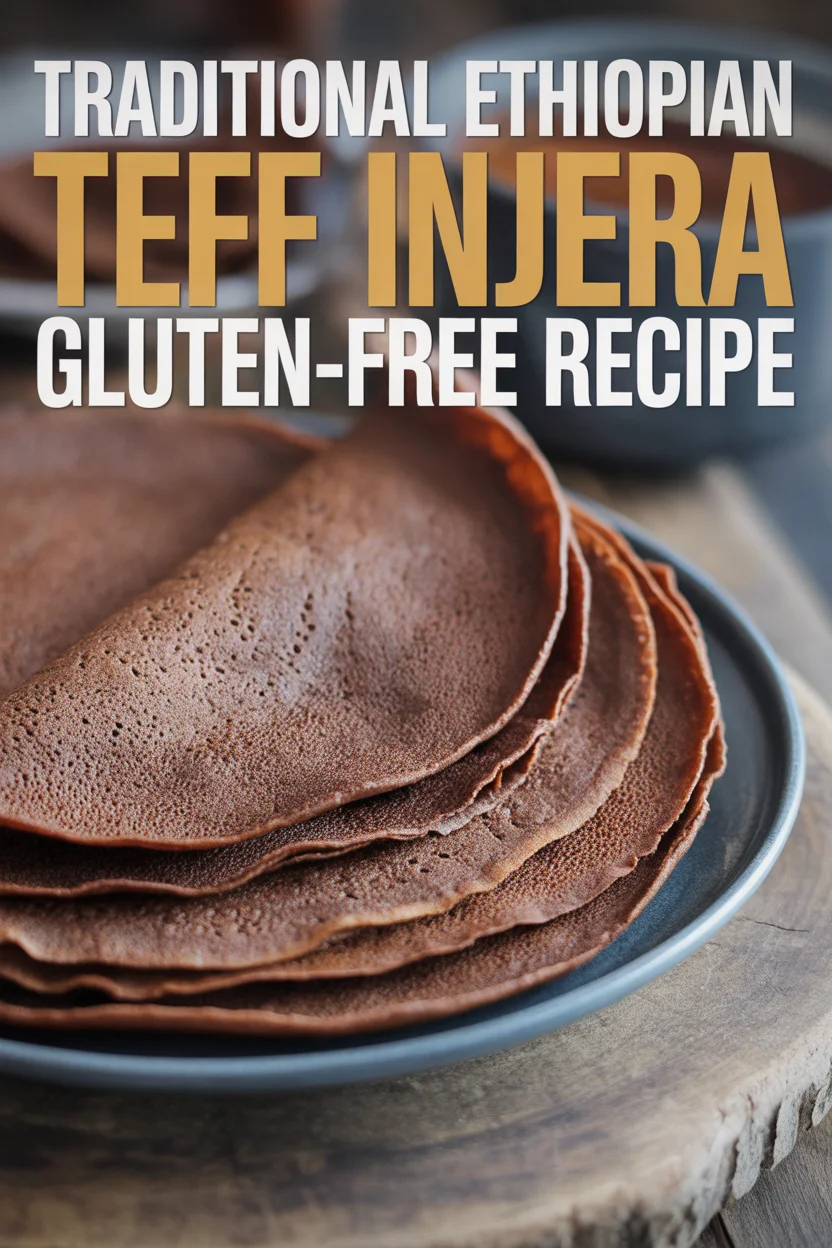 Pinterest style image showing traditional Ethiopian teff injera flatbread with recipe title overlay text