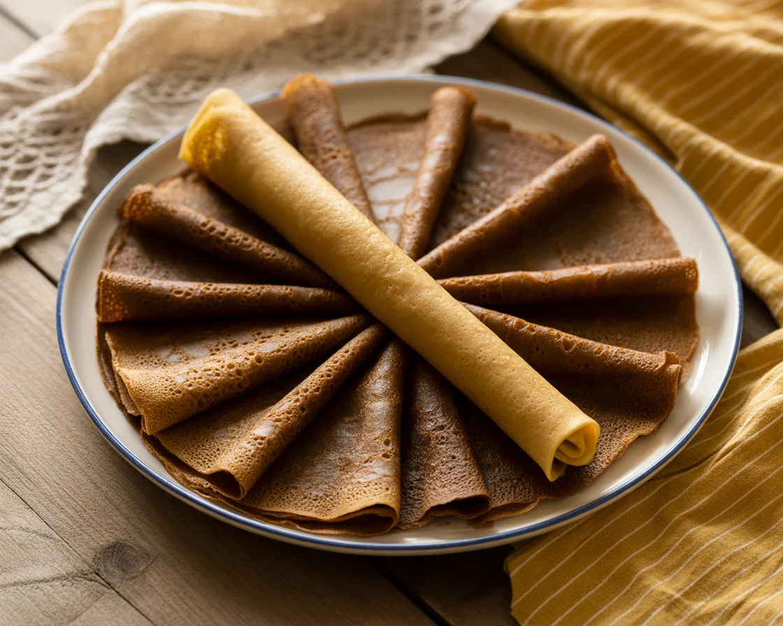 Ethiopian teff injera flatbread arranged in circular pattern on white plate showing spongy texture