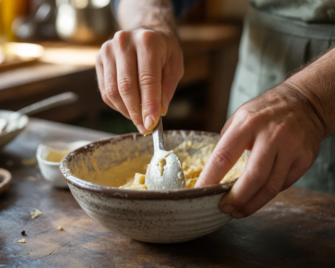 Hands mixing fermented teff injera batter in ceramic bowl for Ethiopian flatbread preparation