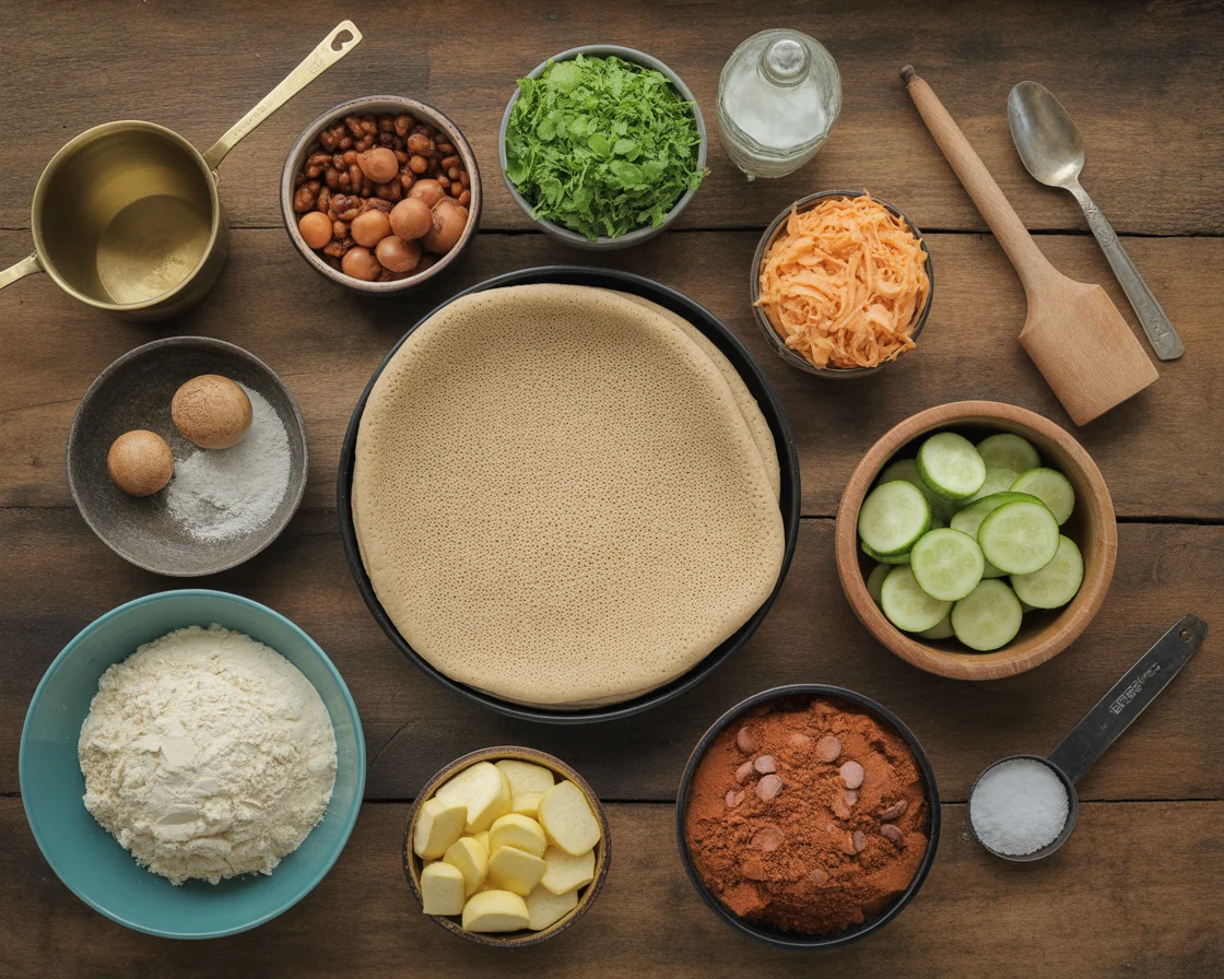 Teff flour and traditional Ethiopian injera flatbread ingredients arranged in bowls on wooden surface