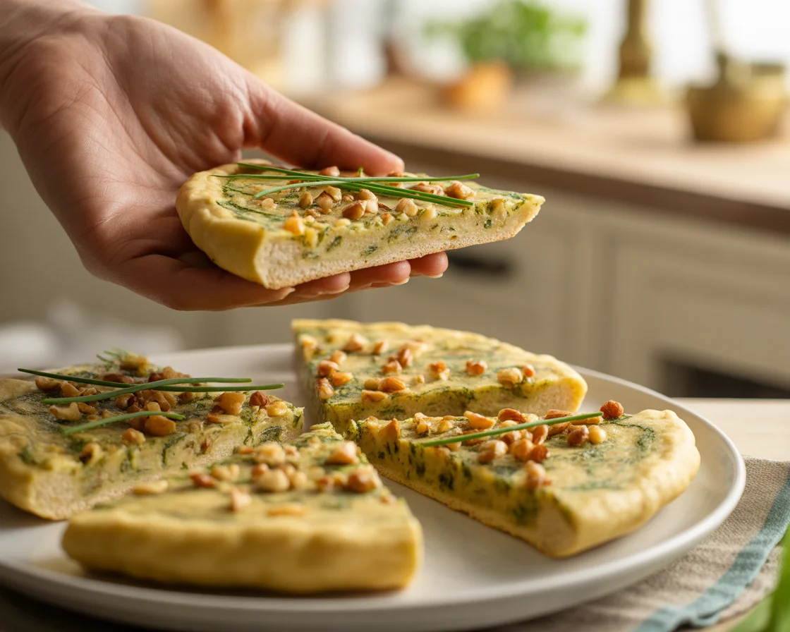 A hand holding the Chickpea Flour Flatbread Focaccia and other on a white plate