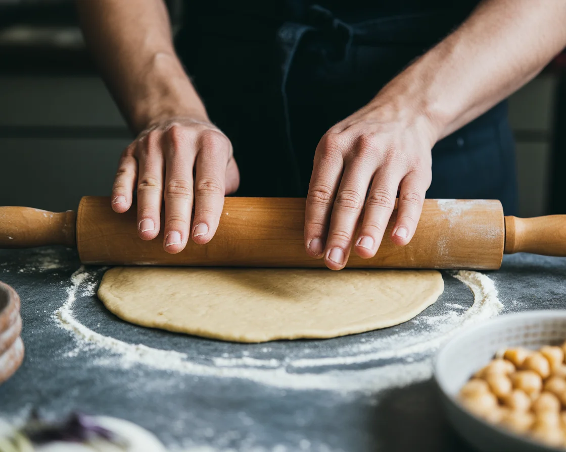 A hands shaping the Chickpea Flour dough on a ceramic table