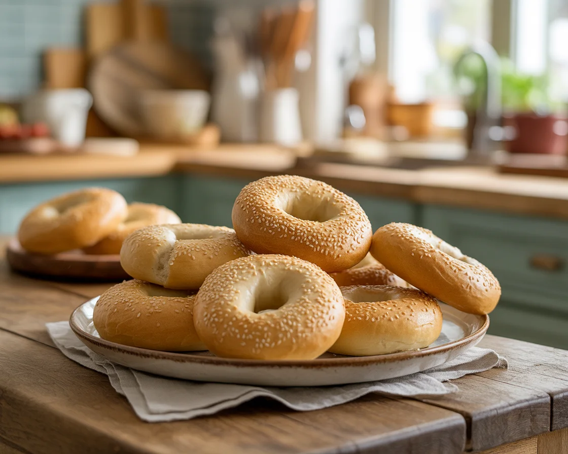 a golden gluten free sesame bagels on a white plate in a modern kitchen