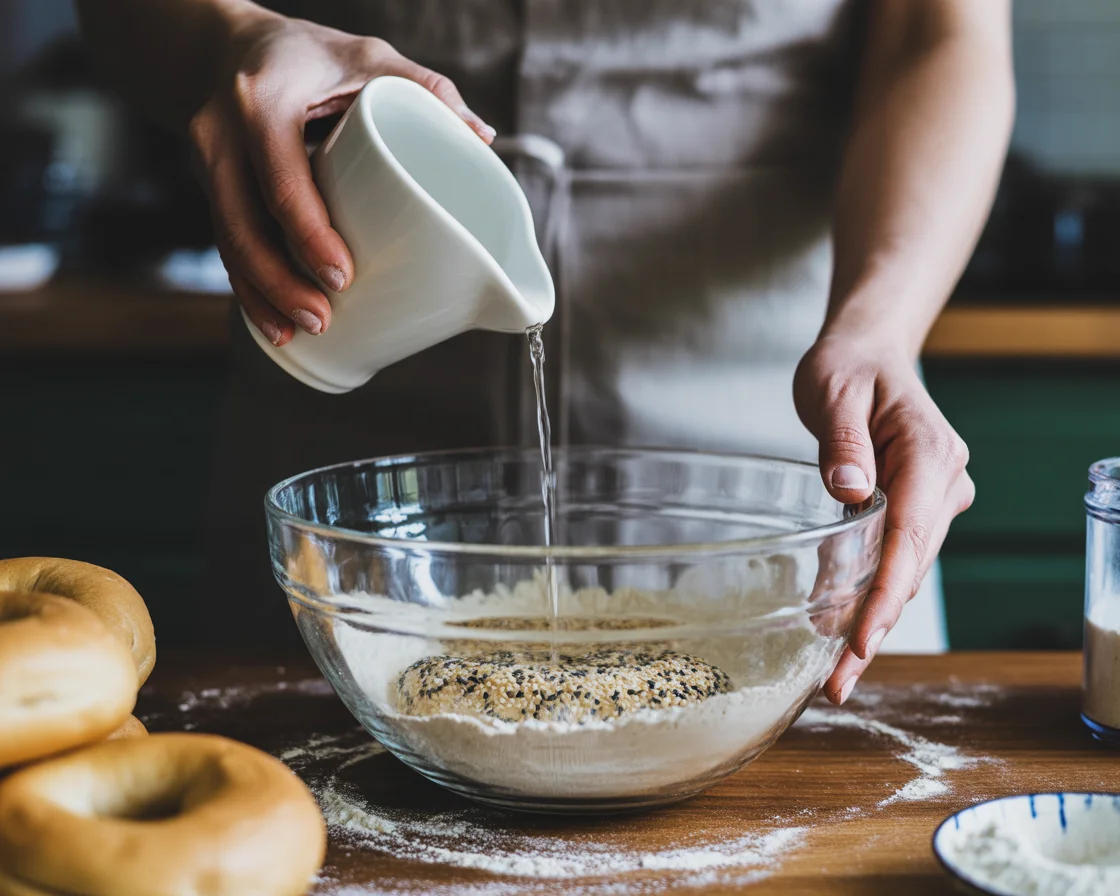 Pouring water into gluten-free bagel dough with sesame seeds in glass mixing bowl on wooden counter
