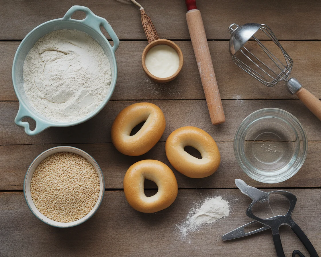 Gluten-free sesame bagel ingredients and tools on wooden table including flour blend, sesame seeds, three golden bagels, rolling pin, and hand mixer