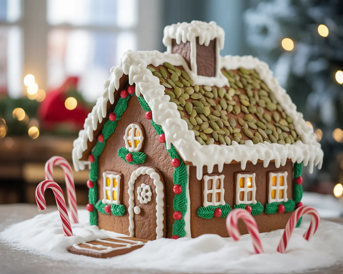 Beautifully decorated gluten-free gingerbread house with white royal icing snow, green fondant garland, yellow window details, and candy cane decorations on festive Christmas table with twinkling lights