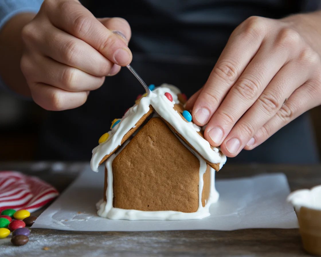 Close-up of hands carefully decorating small gluten-free gingerbread house with white royal icing using piping technique, showing detailed assembly process on parchment paper