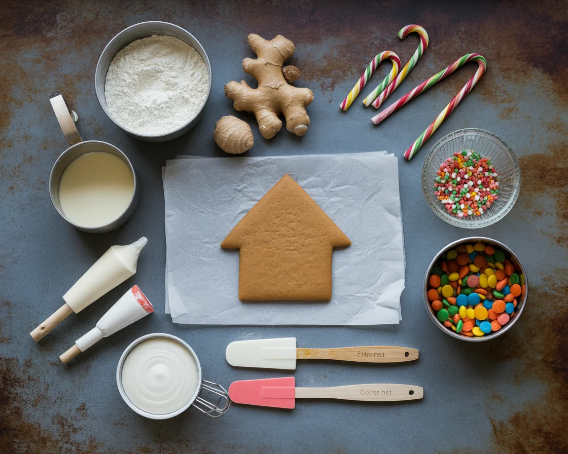 Overhead view of gluten-free gingerbread house baking ingredients and supplies including gluten-free flour, royal icing, candy decorations, rolling pin, piping bags, gingerbread pieces, and colorful sprinkles arranged on rustic surface