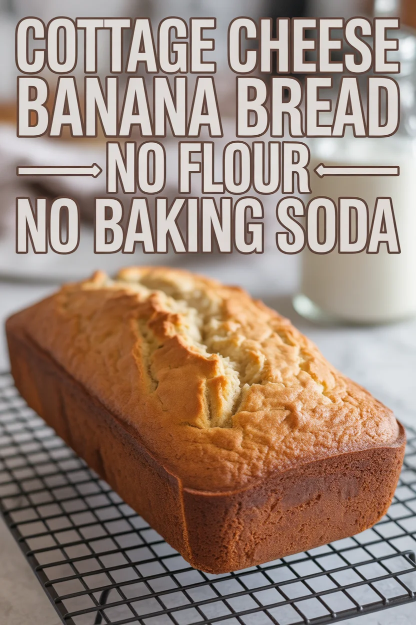 A Pinterest style image of a Cottage cheese banana bread with no flour no baking soda