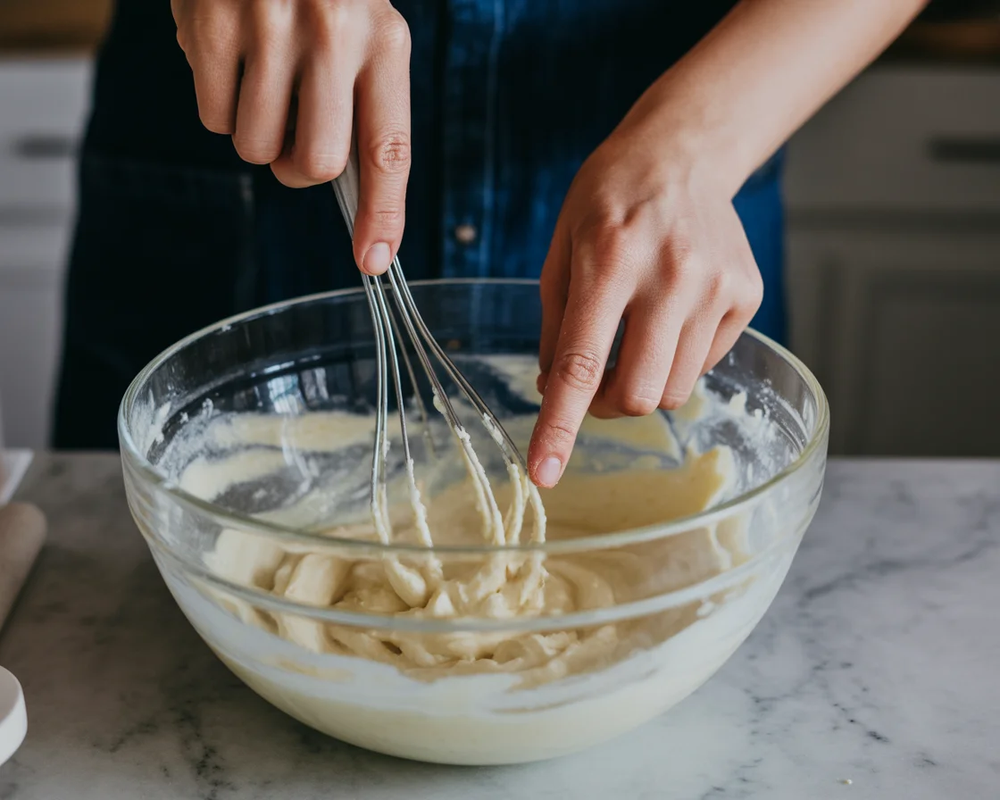 Whisking batter for cottage cheese banana bread in a glass bowl — no flour, no baking soda; smooth, creamy flourless banana batter.