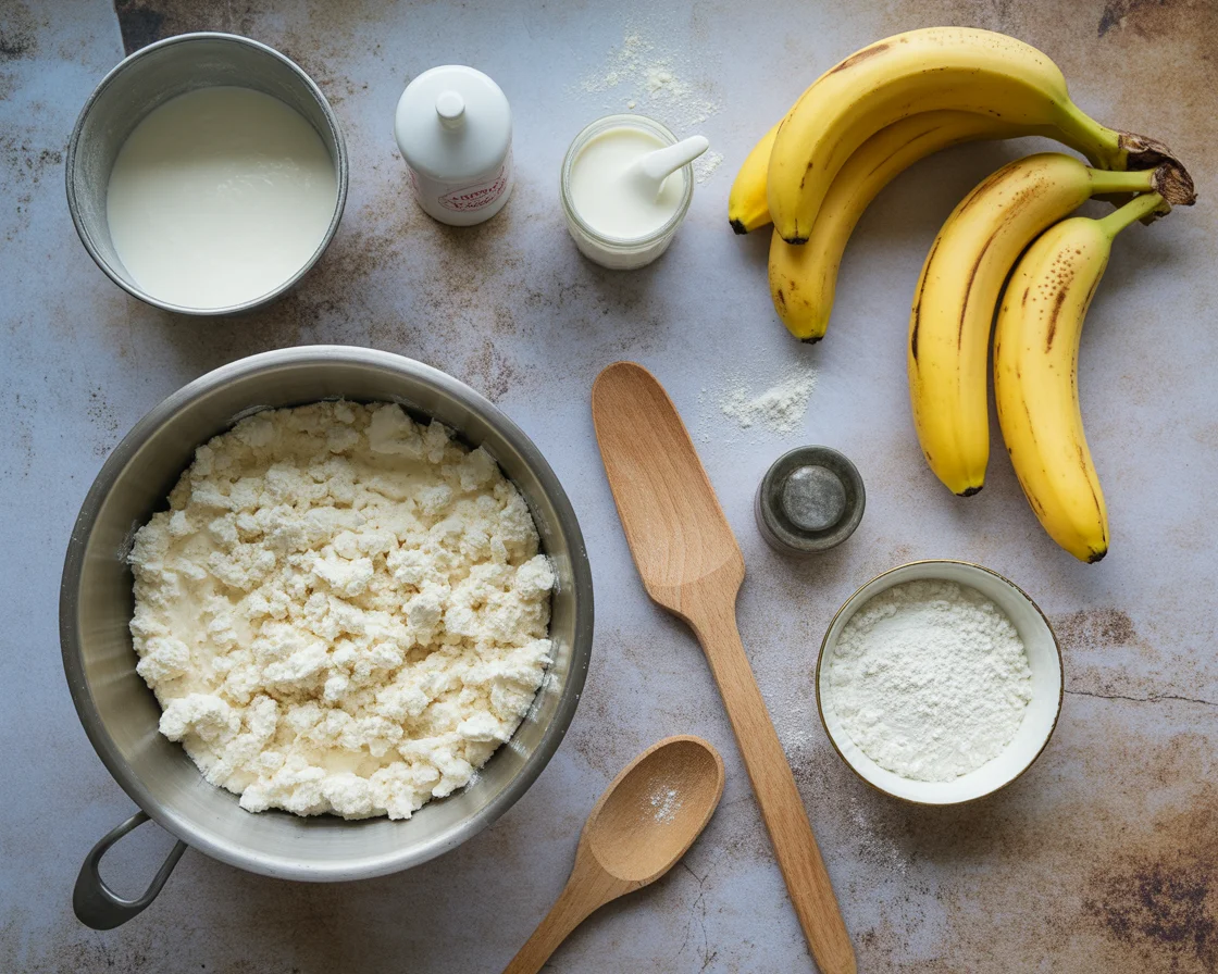 Ripe bananas and cottage cheese ingredients for cottage cheese banana bread — no flour, no baking soda; simple, protein‑rich prep scene.