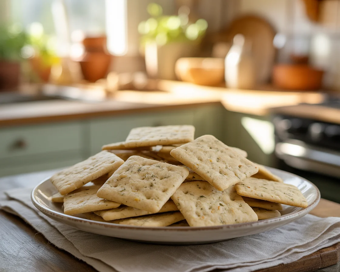 Homemade gluten free crackers on a plate made with Himalayan pink salt for enhanced flavor