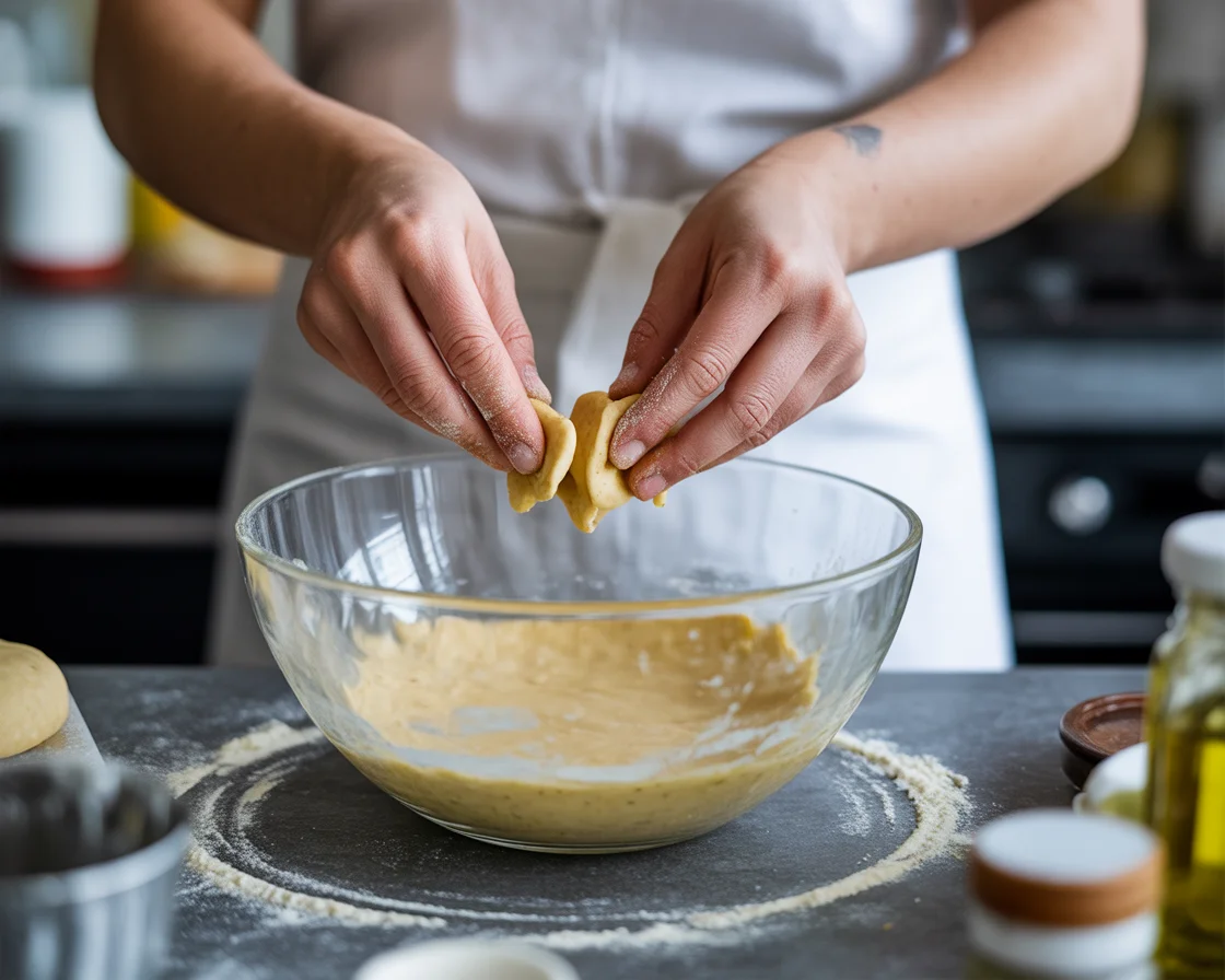 Shaping gluten free cracker dough in a glass bowl using Himalayan pink salt trick for crisp texture