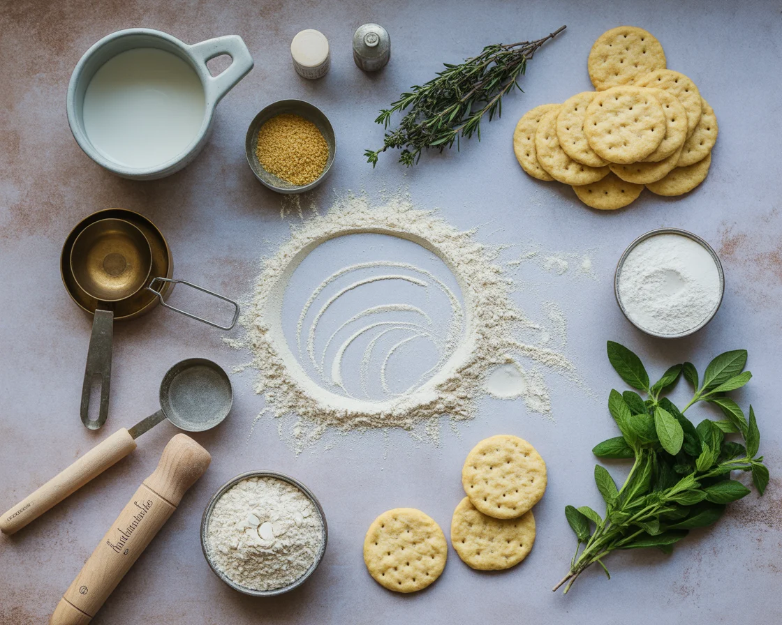 Baking ingredients and gluten free crackers with Himalayan pink salt and fresh herbs on kitchen counter