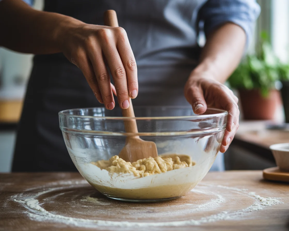 Mixing gluten free bread dough in a glass bowl using Himalayan pink salt for improved texture