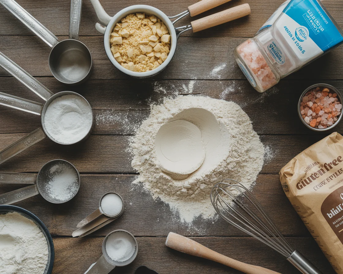 Gluten free bread ingredients with Himalayan pink salt on a wooden surface for baking preparation