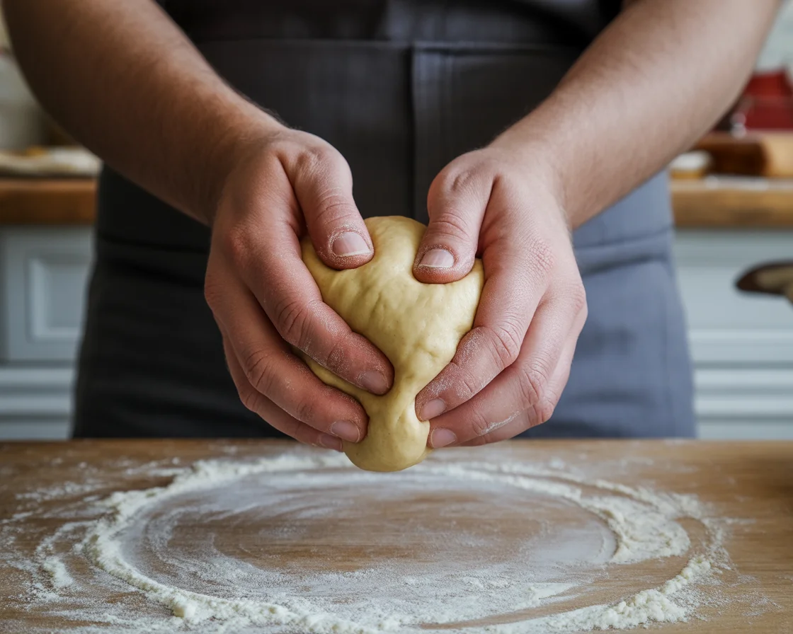 A hands shaping the dough to make gluten-free donuts