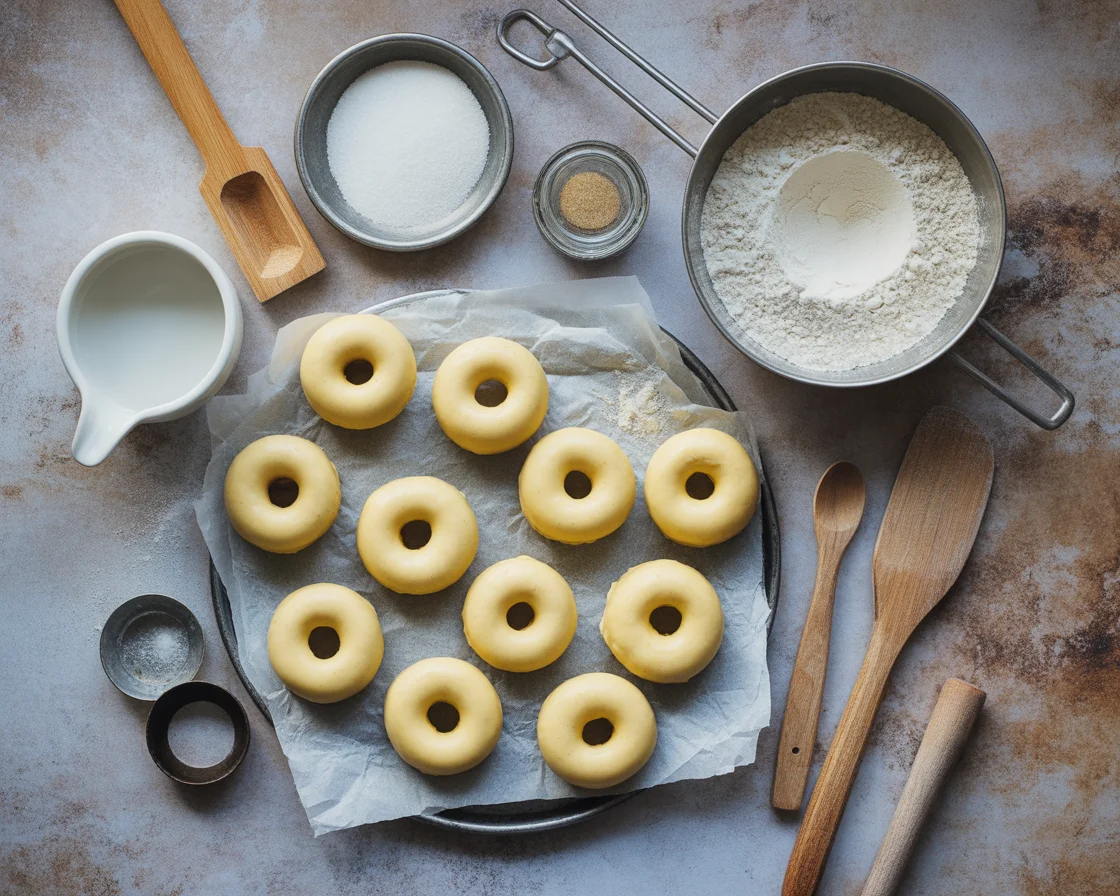 A headshot of ingredients for Air Fryer Gluten-Free Donuts with flours and wooden spoons