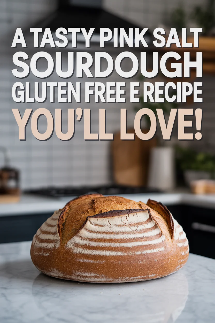 a pinterest style image of a tasty pink salt sourdough gluten free recipe on a ceramic table inside a modern kitchen