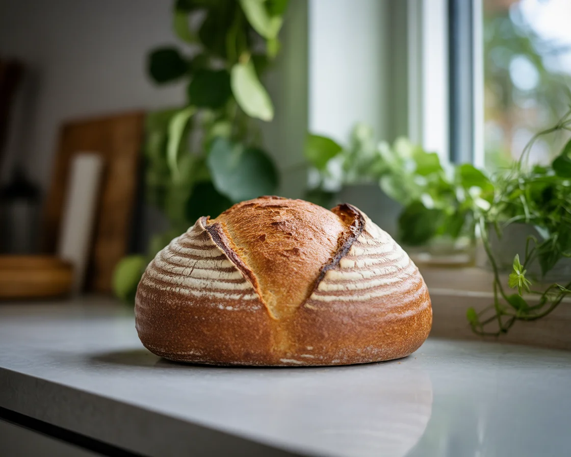Golden crusted pink salt sourdough gluten free bread loaf cooling by the window, perfect for healthy homemade recipes.