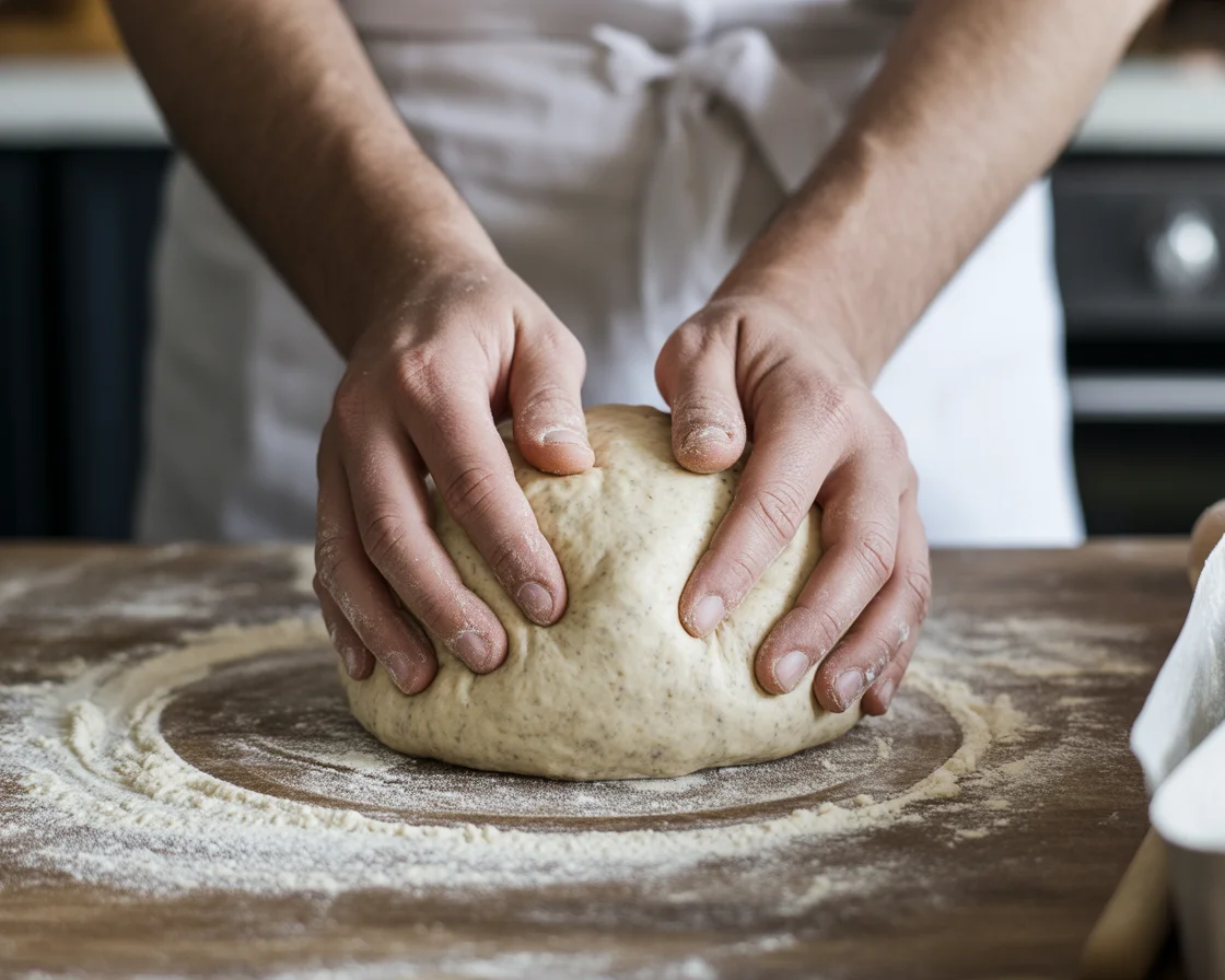 Hands kneading gluten free dough made with pink salt, ready for baking a rustic artisan loaf.