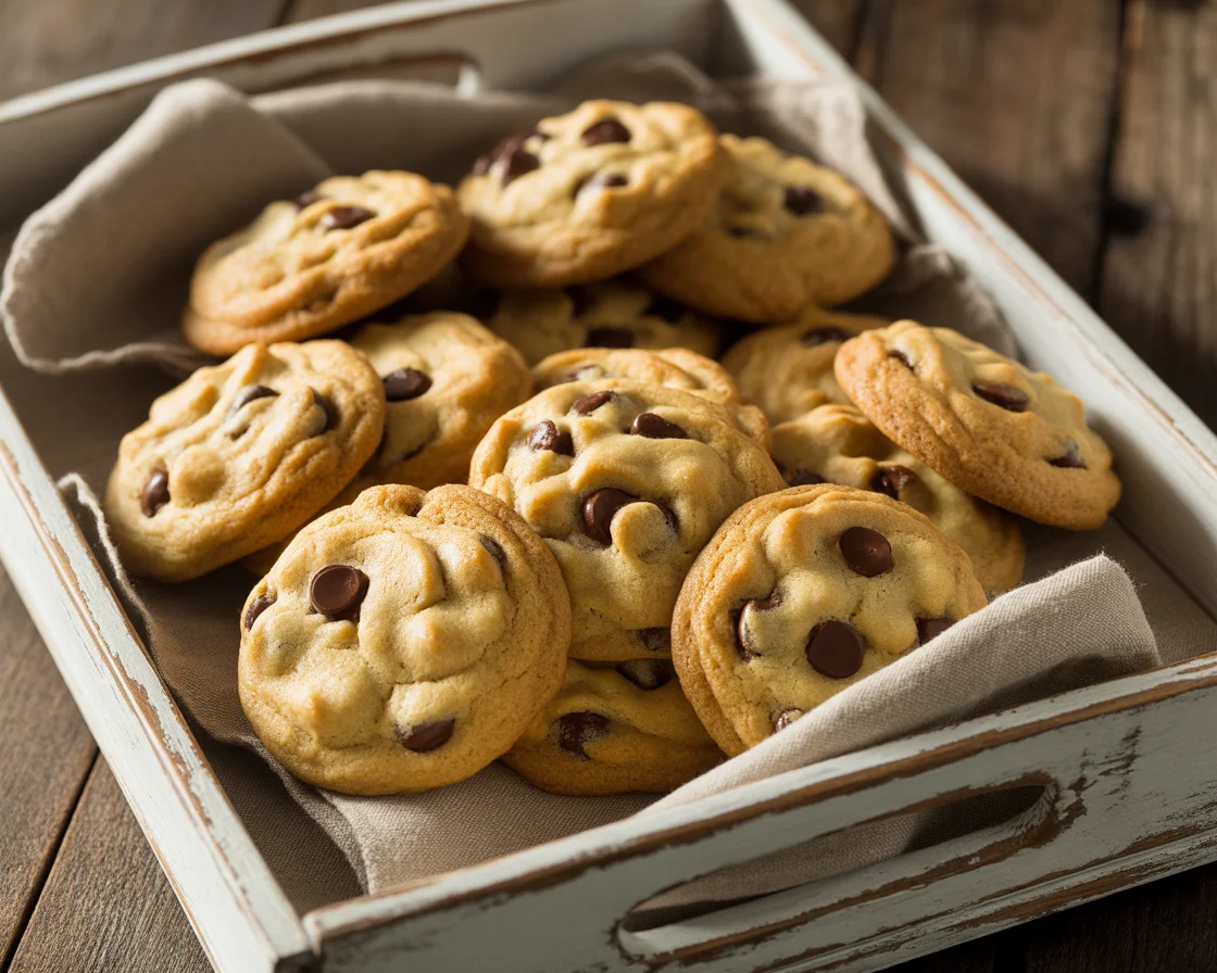 Freshly baked Himalayan pink salt chocolate chip cookies displayed in a rustic tray, perfect for a gourmet sweet and salty gluten free treat.