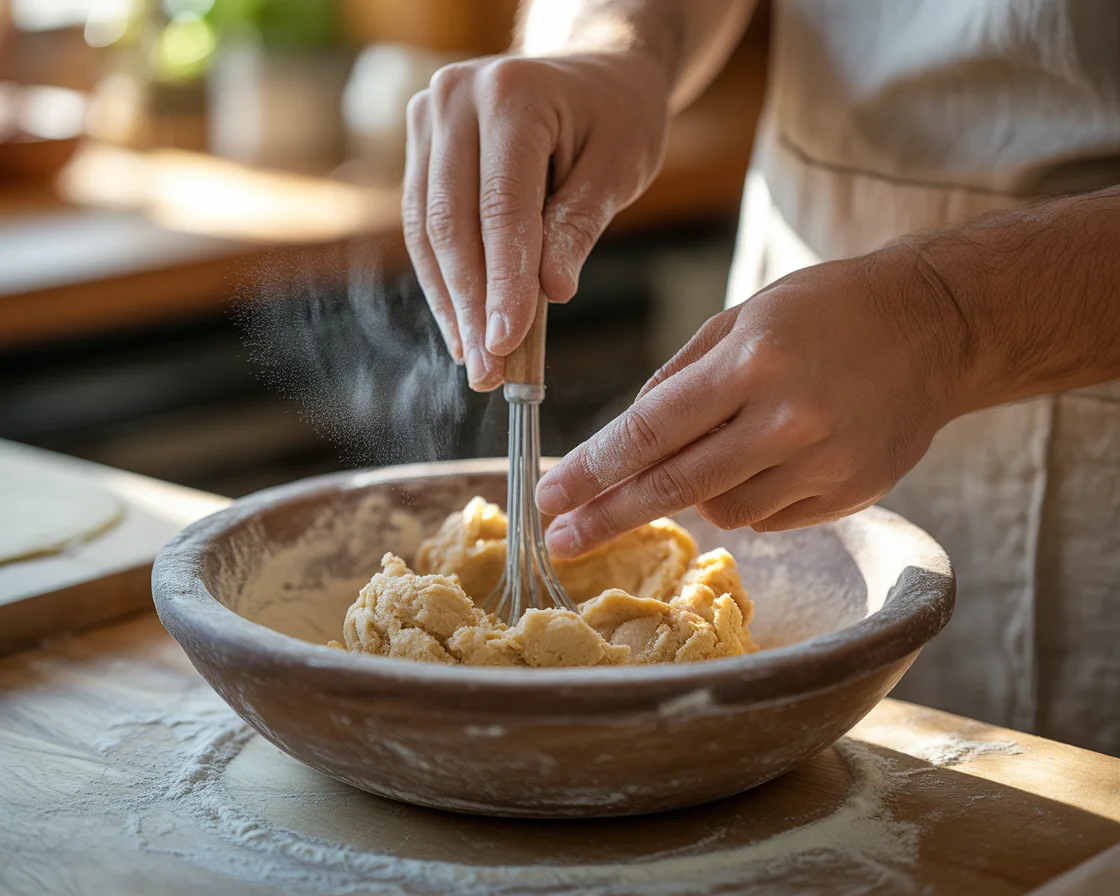Whisking Himalayan pink salt cookie dough in a rustic wooden bowl, ready for baking unique salt-infused cookies.