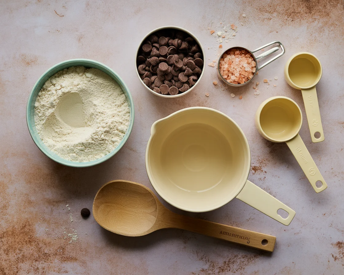 Ingredients for Himalayan pink salt cookies including flour, chocolate chips, pink salt, and measuring cups laid out for easy prep.
